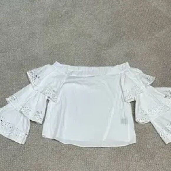 Intermix White Off the Shoulder Blouse with Eyelet Tiered Bell Long Sleeve. - Picture 2 of 4